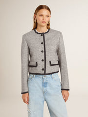 Women's grey wool and silk jacket with black suede trim