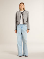 Women's grey wool and silk jacket with black suede trim