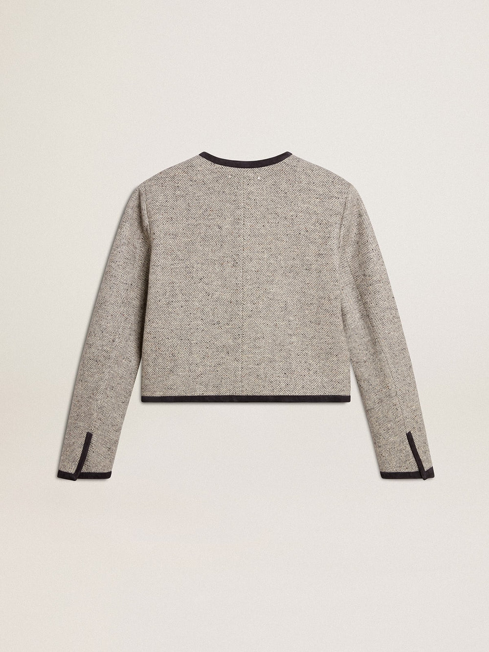 Women's grey wool and silk jacket with black suede trim