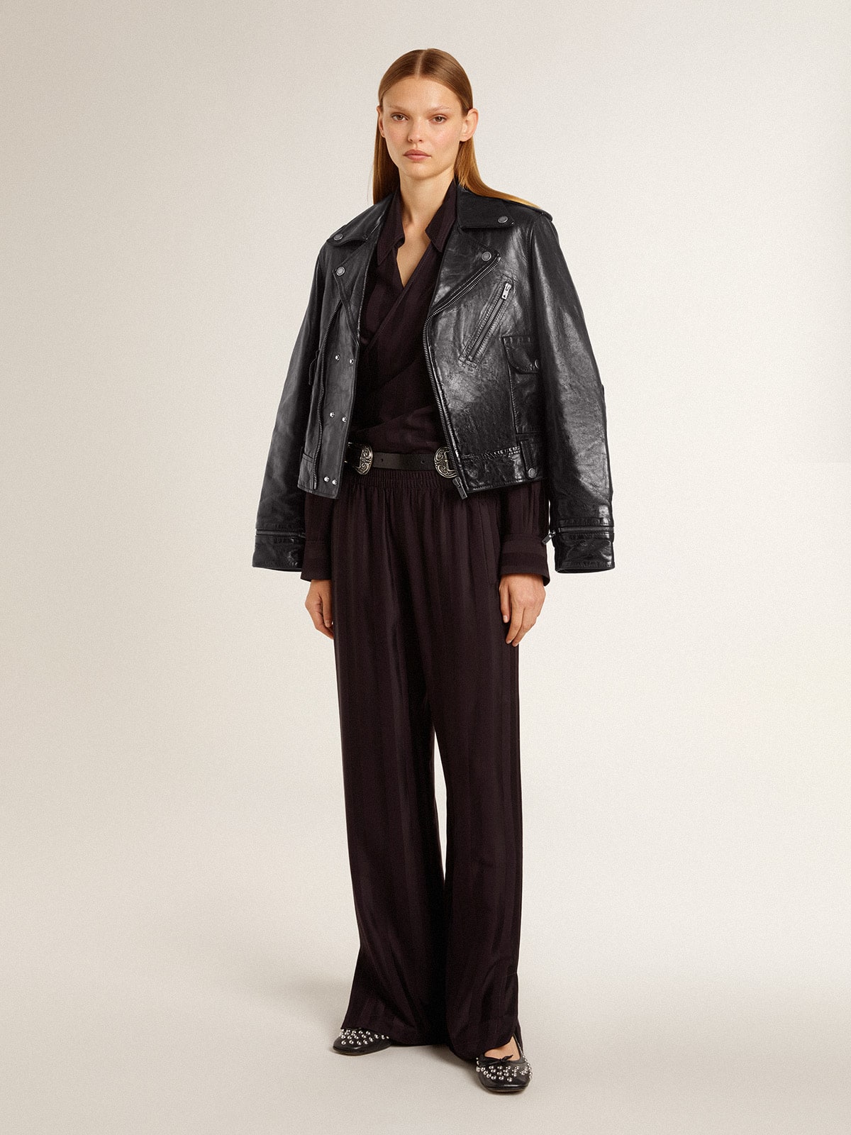 Women’s black leather biker jacket with glossy effect