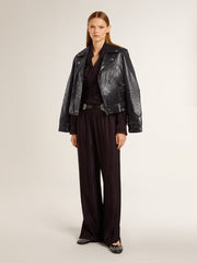 Women’s black leather biker jacket with glossy effect