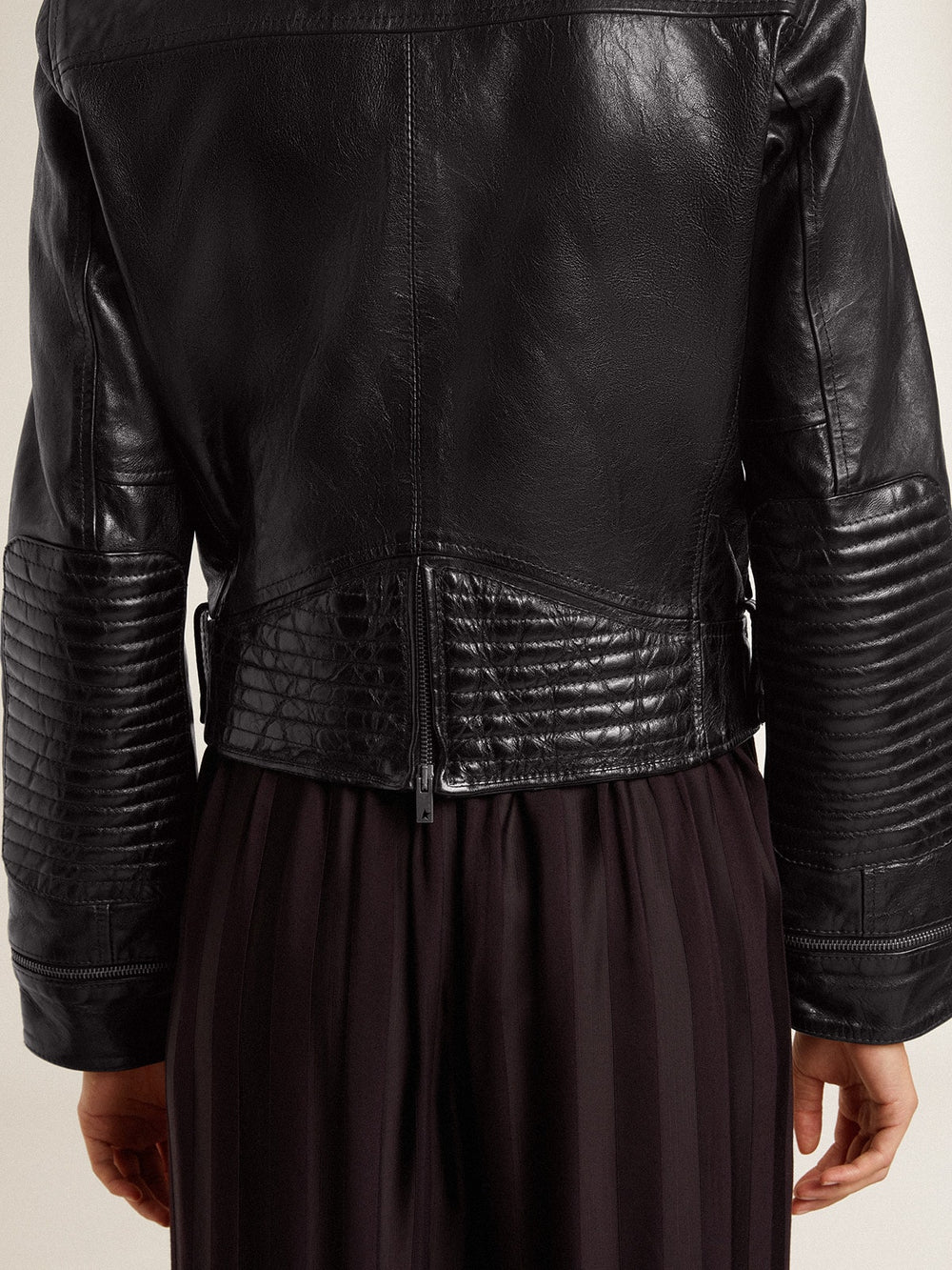 Women’s black leather biker jacket with glossy effect