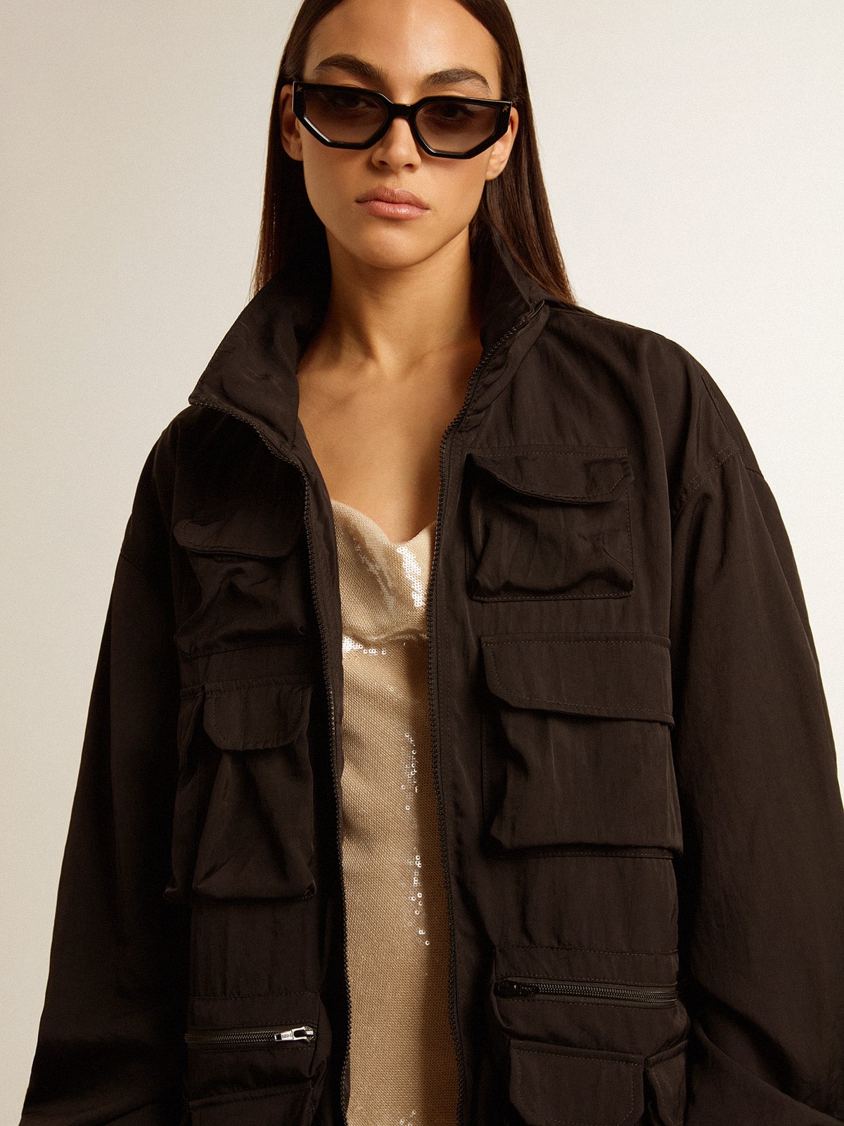 Black multi-pocket windcheater