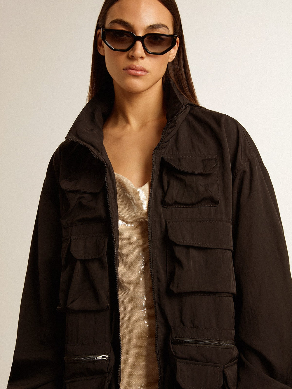 Black multi-pocket windcheater