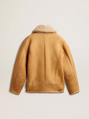 Women's sheepskin jacket with a wide shearling shawl collar