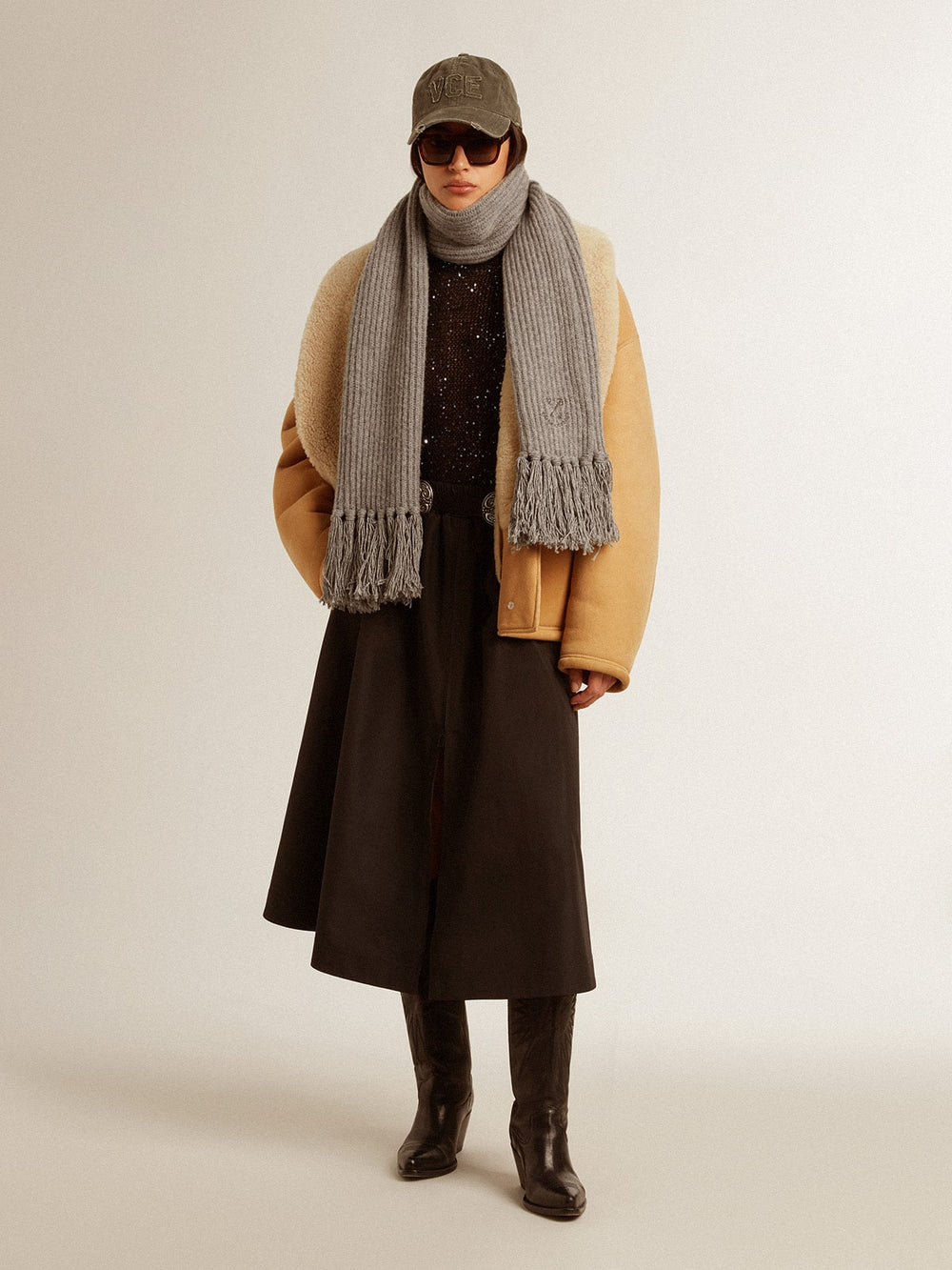 Women's sheepskin jacket with a wide shearling shawl collar