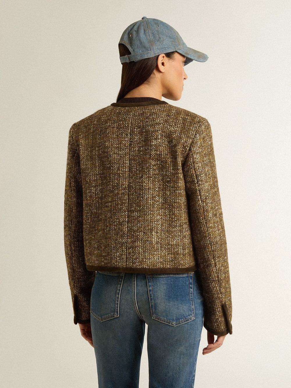 Women's Journey jacket in wool tweed with coffee-colored suede details