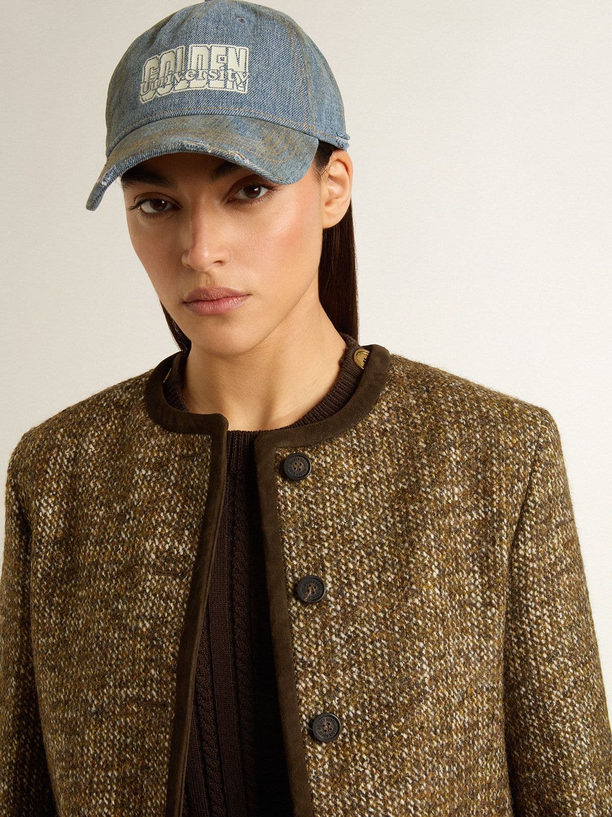 Women's Journey jacket in wool tweed with coffee-colored suede details
