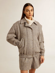 Women's bomber jacket in ecru brown herringbone wool