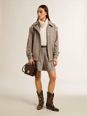 Women's bomber jacket in ecru brown herringbone wool