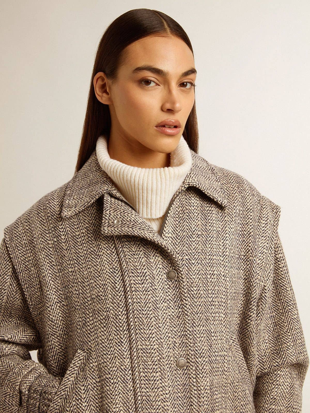 Women's bomber jacket in ecru brown herringbone wool