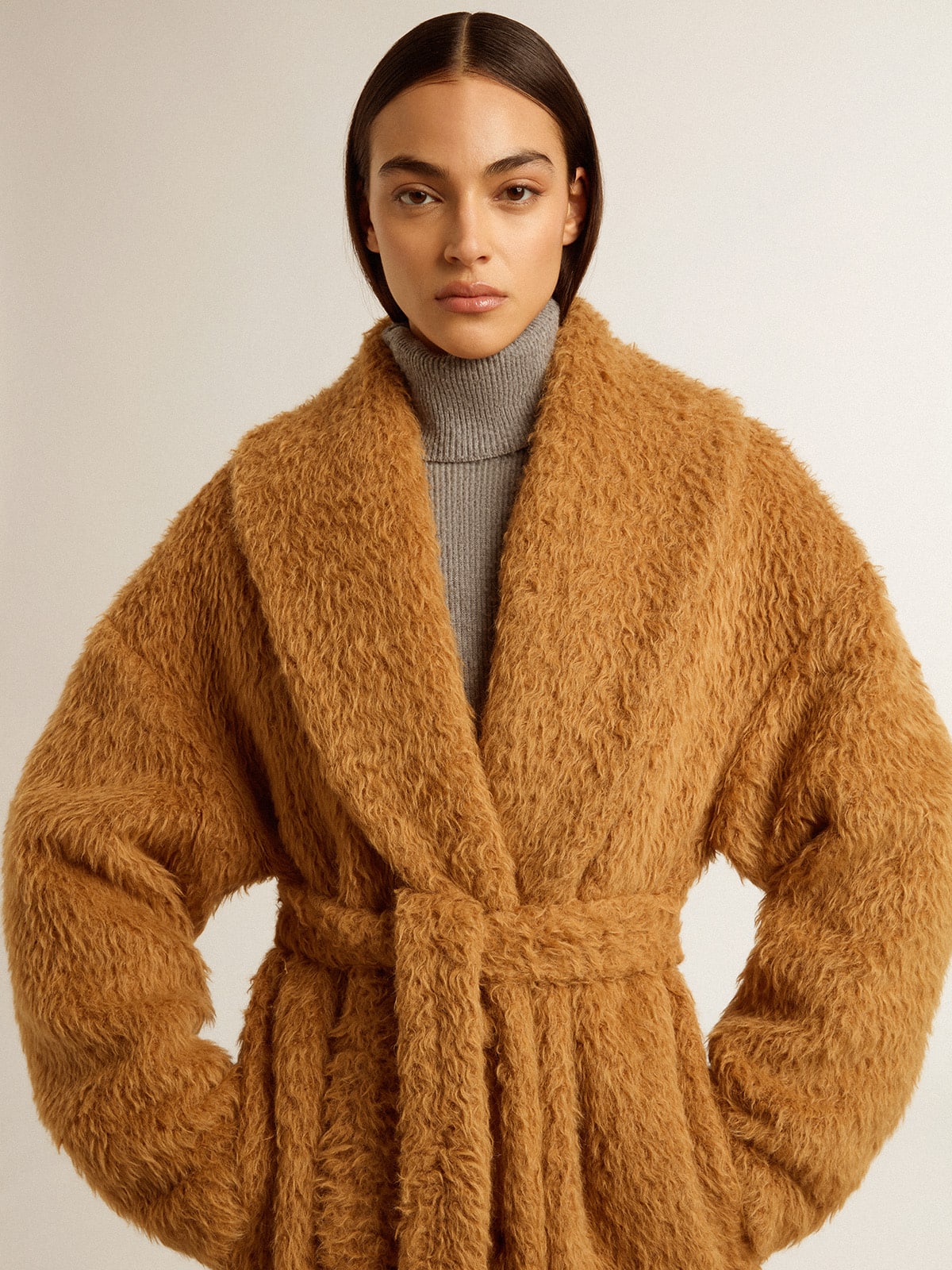 Women's coat with shawl collar in tobacco