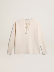 Ribbed wool sweater with V neck and drawstring with tassels