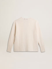 Ribbed wool sweater with V neck and drawstring with tassels