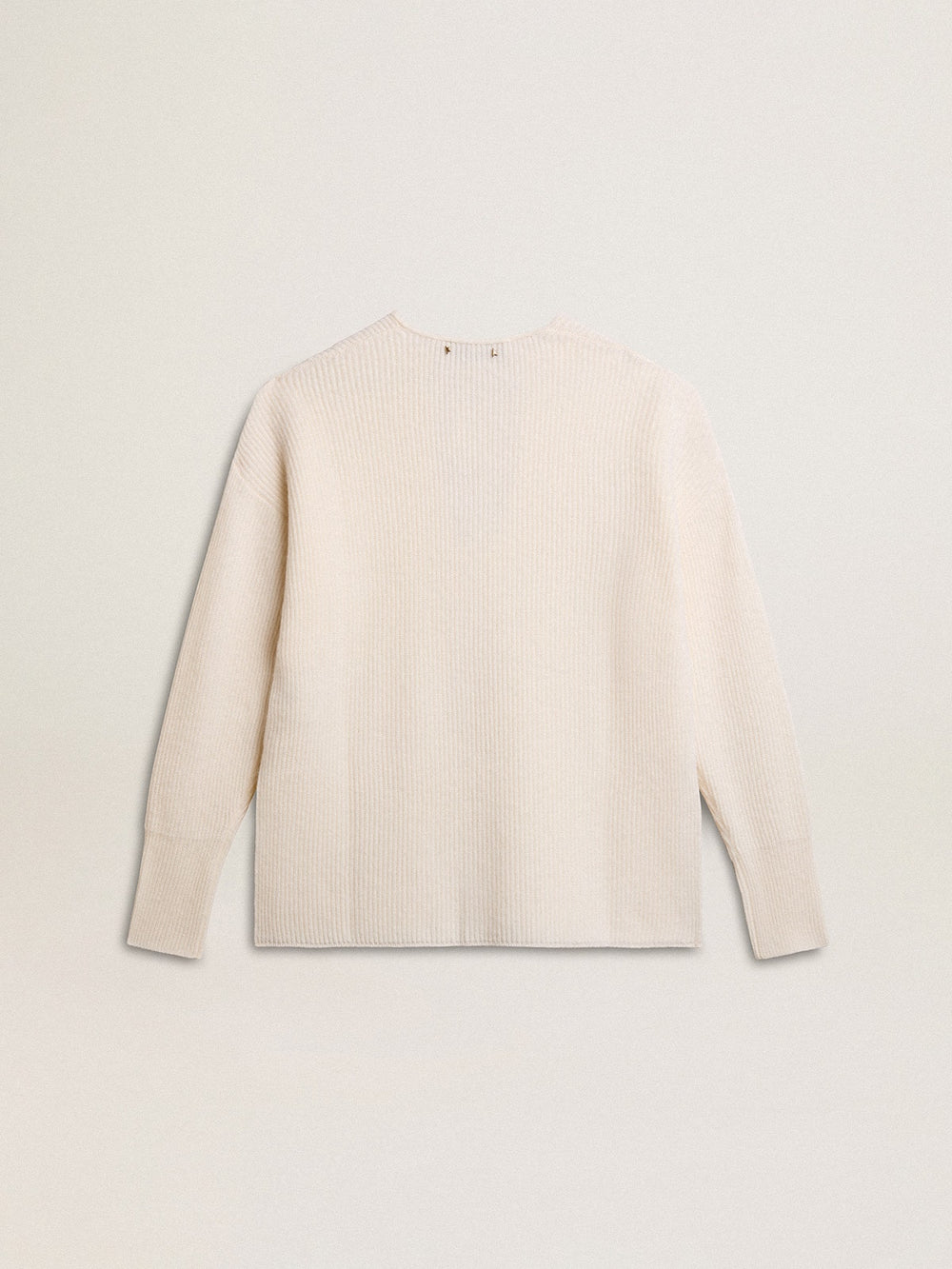 Ribbed wool sweater with V neck and drawstring with tassels