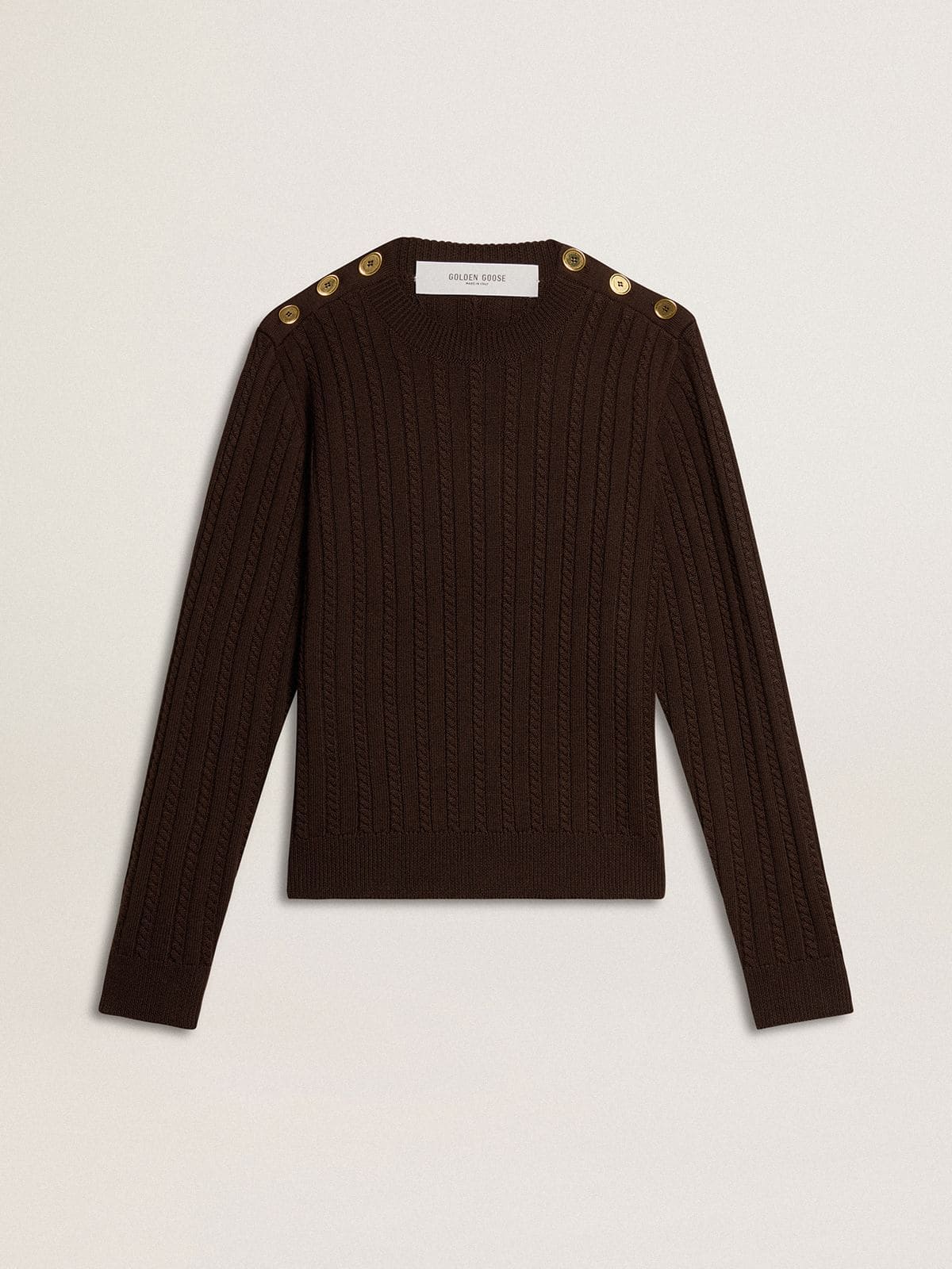 Women's crew-neck sweater in wool blend with gold buttons