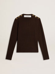 Women's crew-neck sweater in wool blend with gold buttons