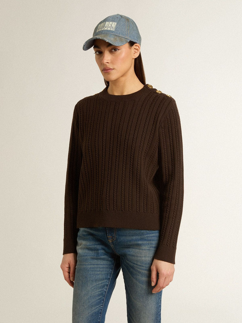 Women's crew-neck sweater in wool blend with gold buttons