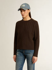 Women's crew-neck sweater in wool blend with gold buttons