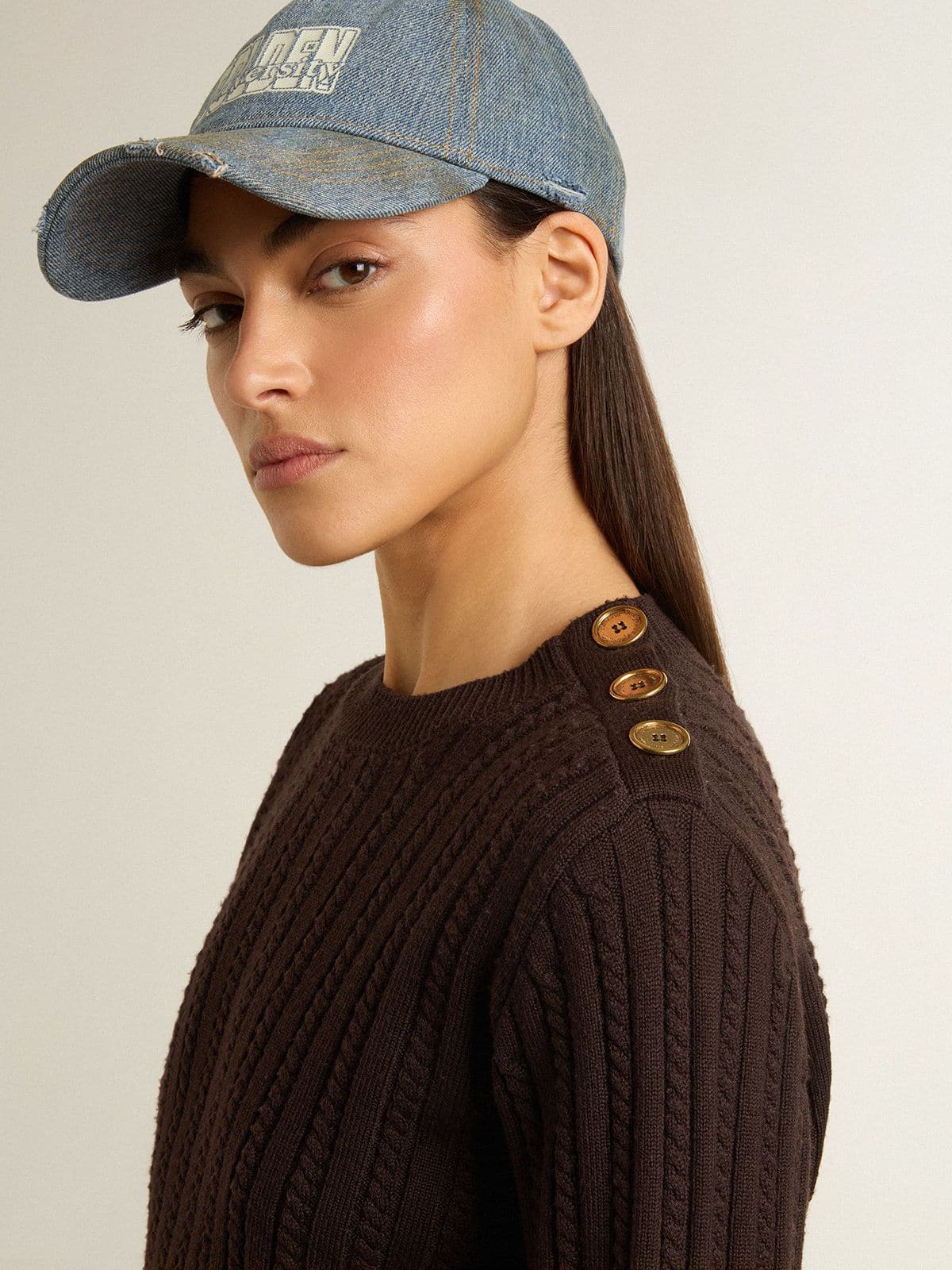 Women's crew-neck sweater in wool blend with gold buttons