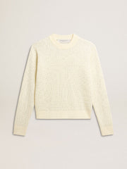 Women's crew-neck sweater in white merino wool with all-over crystals