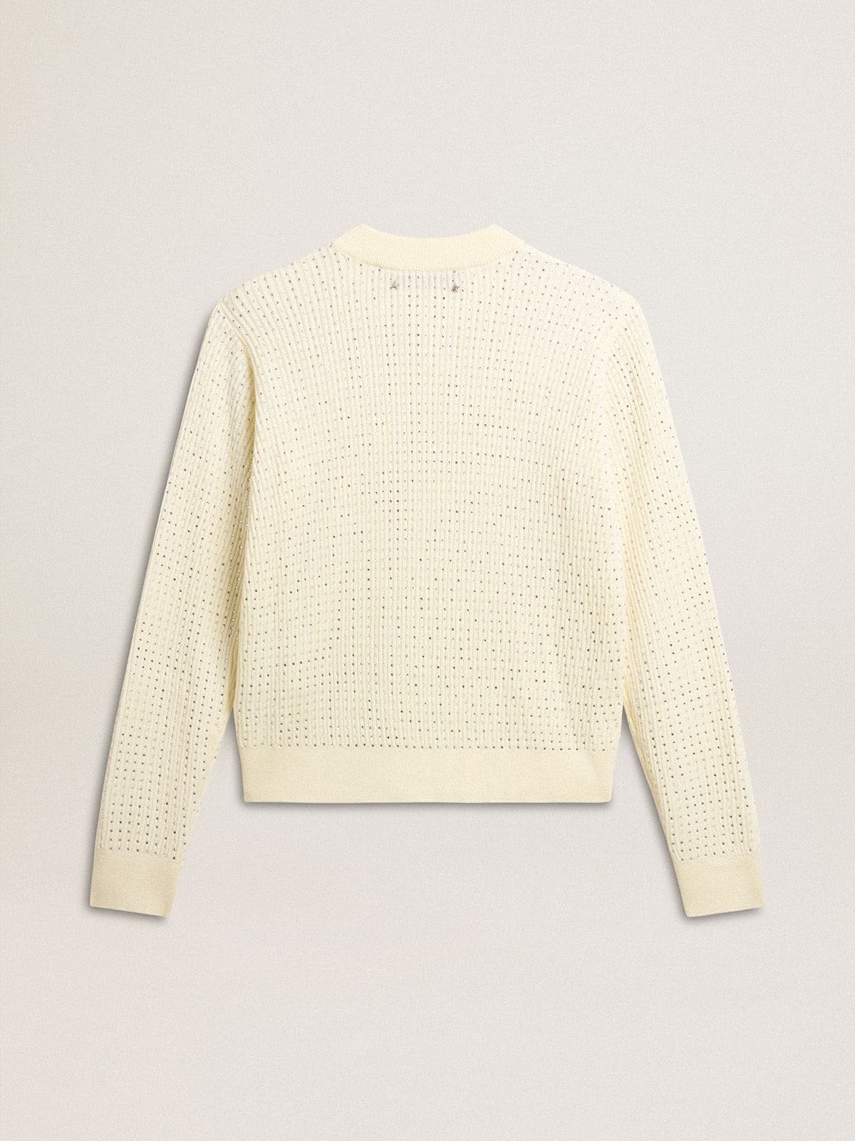 Women's crew-neck sweater in white merino wool with all-over crystals