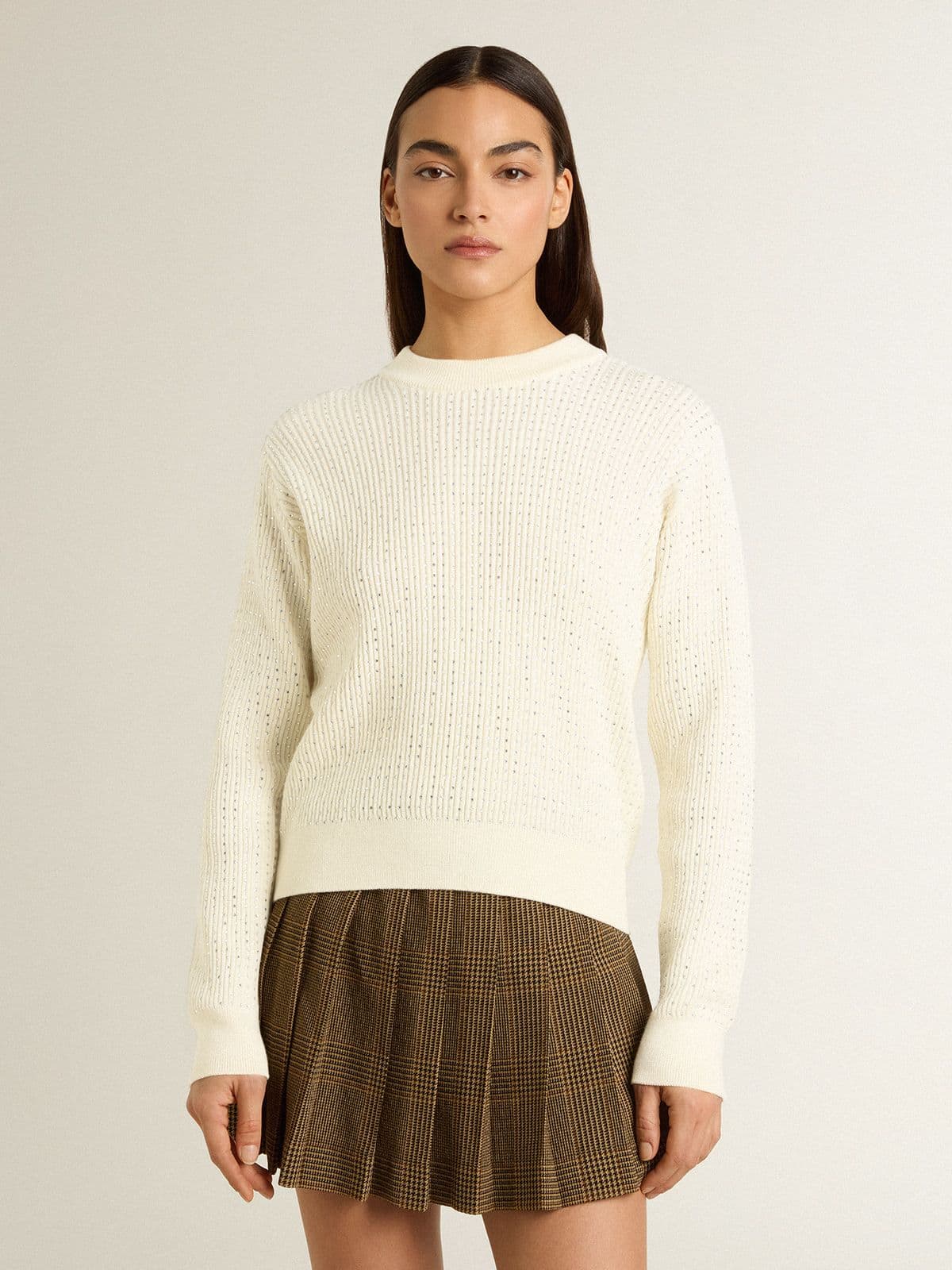 Women's crew-neck sweater in white merino wool with all-over crystals