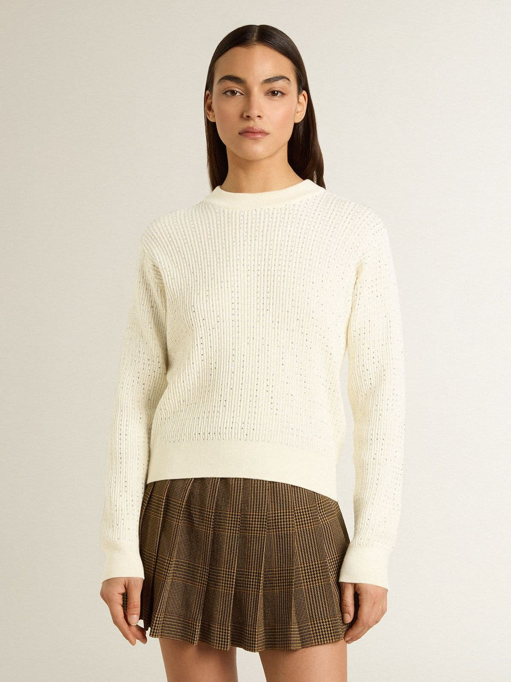 Women's crew-neck sweater in white merino wool with all-over crystals