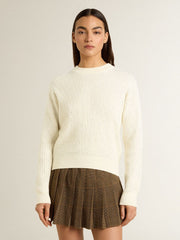 Women's crew-neck sweater in white merino wool with all-over crystals
