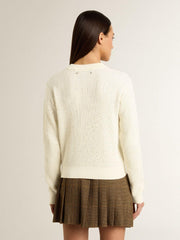 Women's crew-neck sweater in white merino wool with all-over crystals