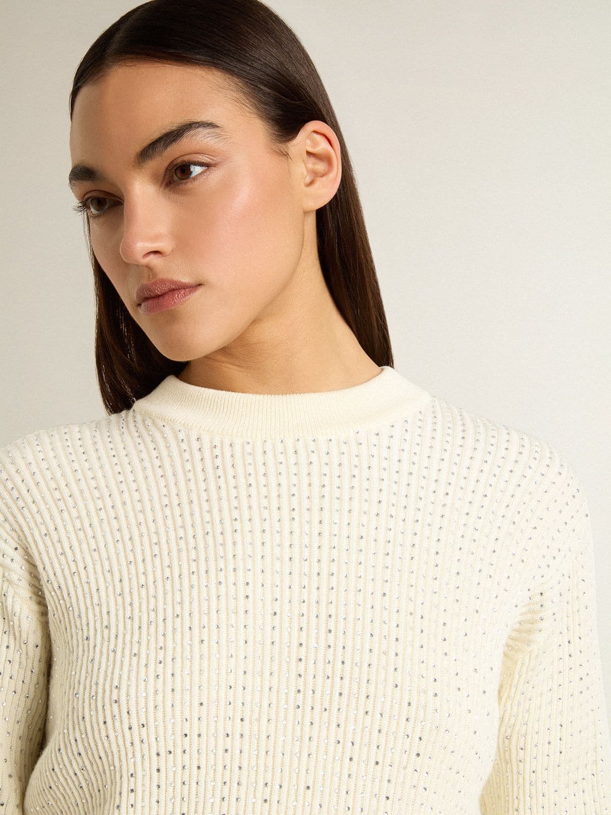 Women's crew-neck sweater in white merino wool with all-over crystals