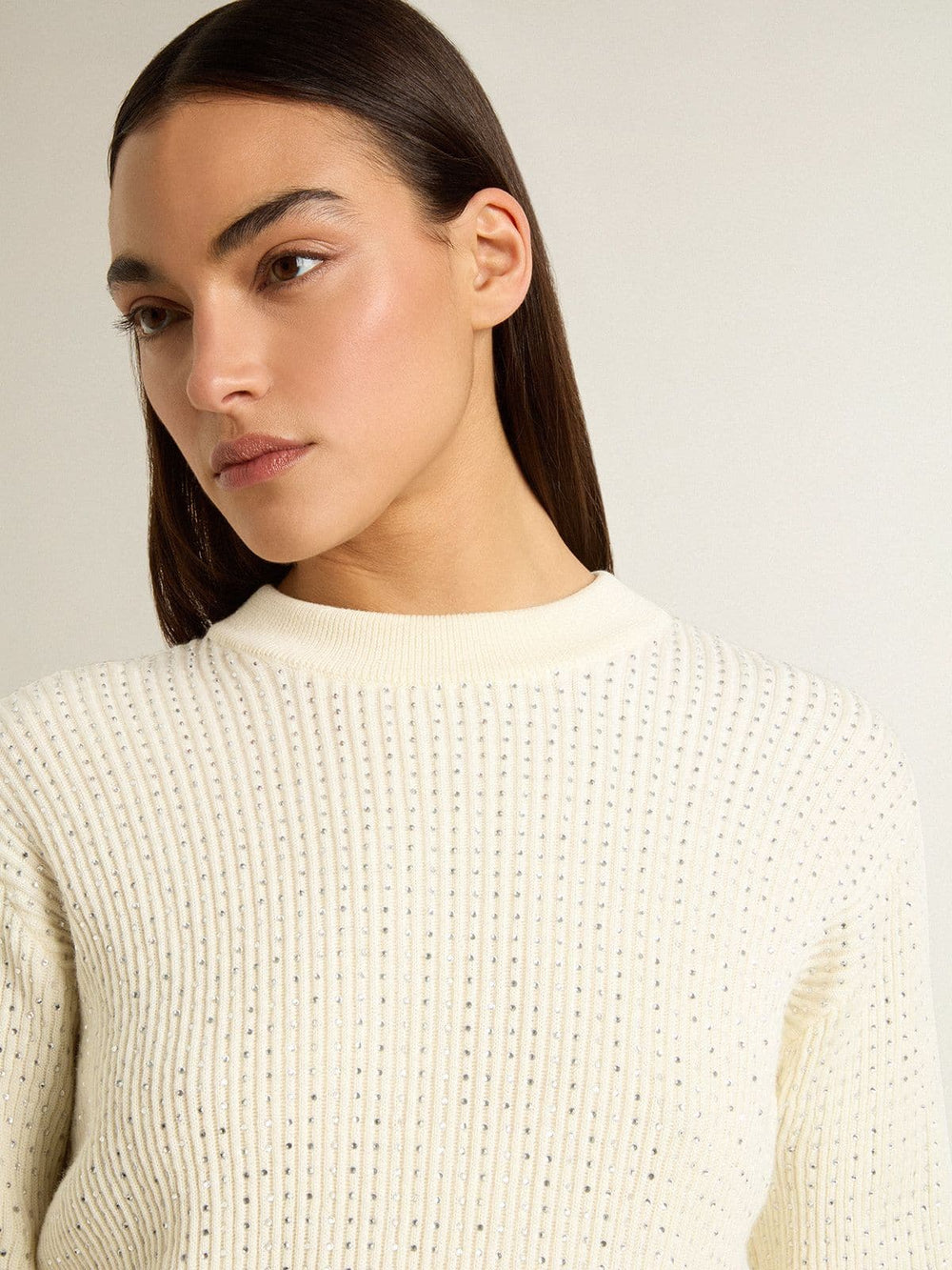 Women's crew-neck sweater in white merino wool with all-over crystals