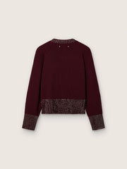 Women's crew-neck sweater in burgundy wool with rhinestone embroidery