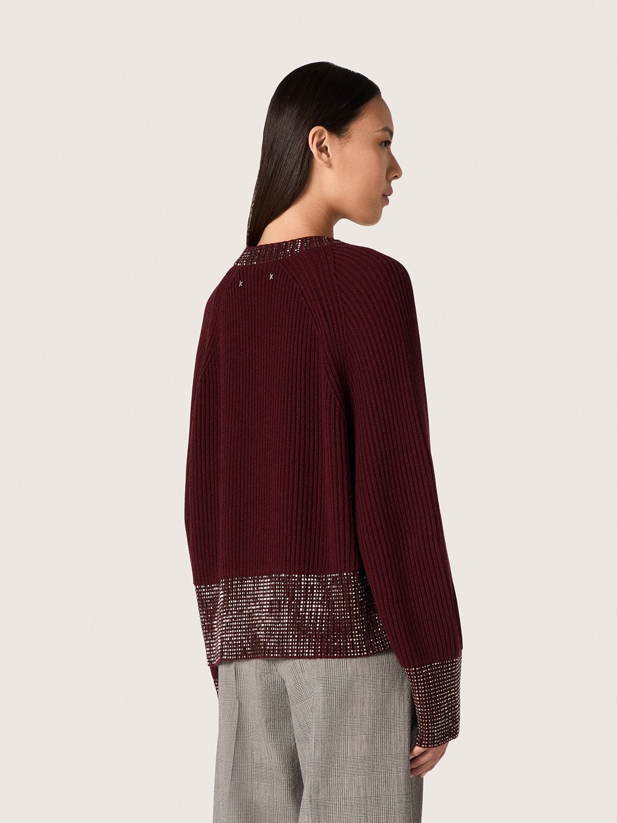 Women's crew-neck sweater in burgundy wool with rhinestone embroidery