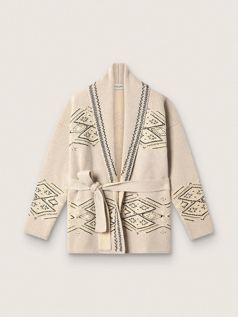Women's belted cardigan in beige wool blend with contrast embroidery