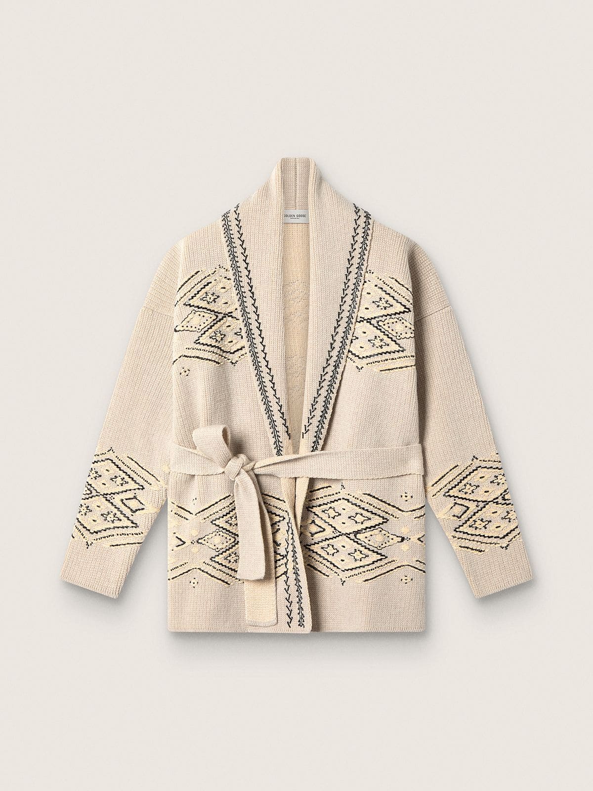 Women's belted cardigan in beige wool blend with contrast embroidery