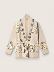 Women's belted cardigan in beige wool blend with contrast embroidery