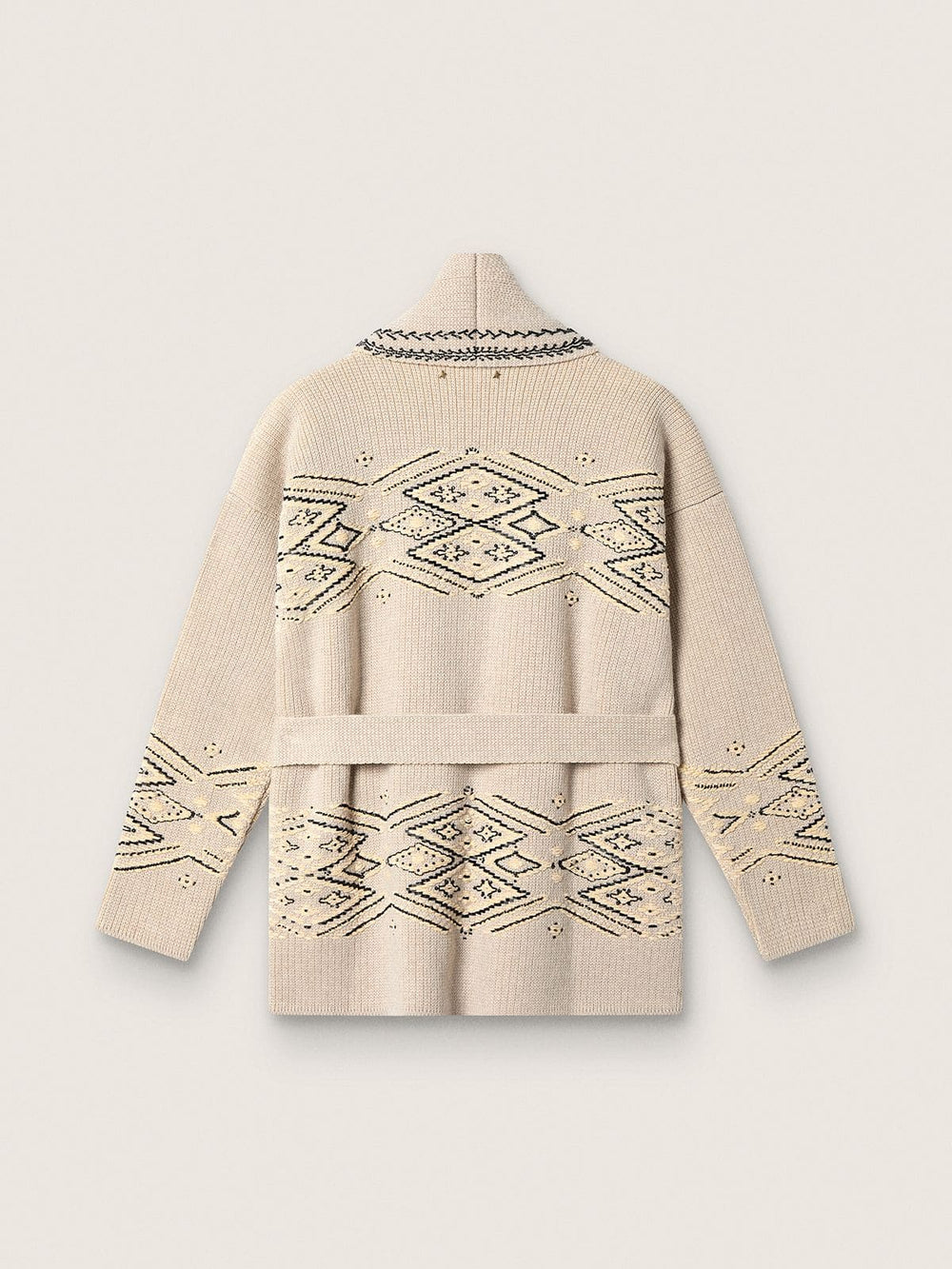 Women's belted cardigan in beige wool blend with contrast embroidery