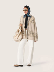 Women's belted cardigan in beige wool blend with contrast embroidery