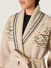 Women's belted cardigan in beige wool blend with contrast embroidery