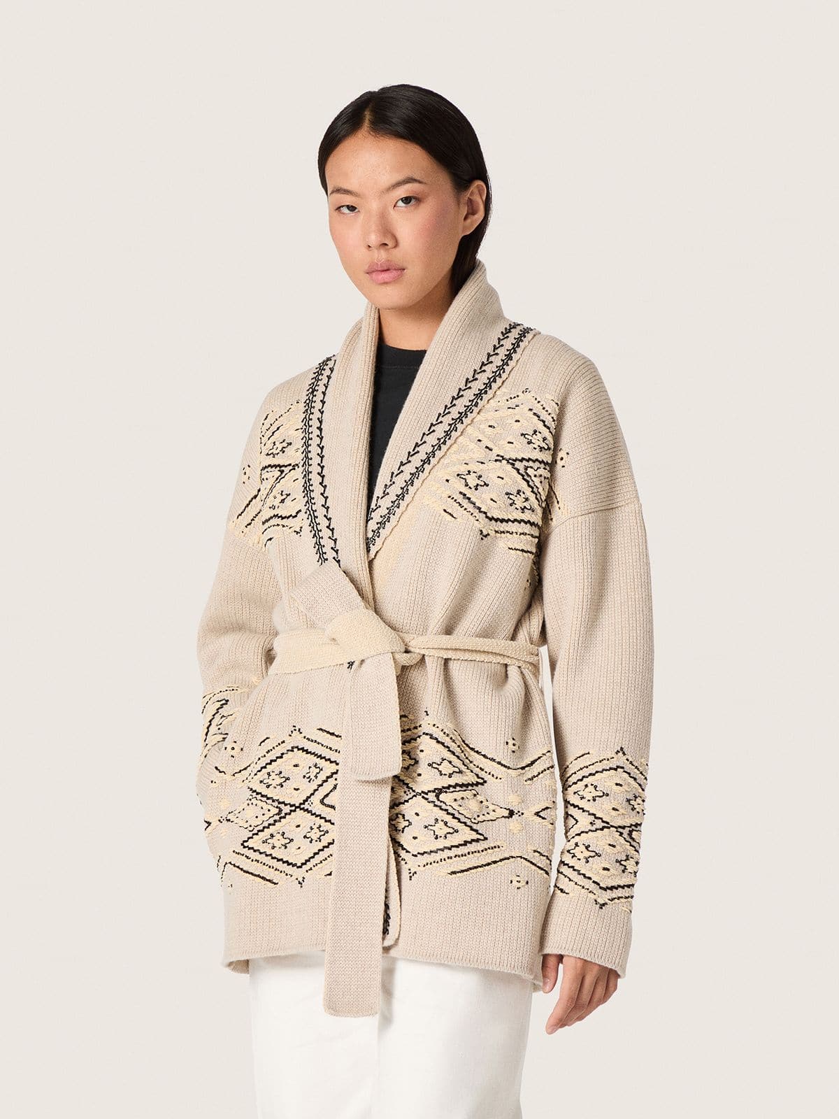 Women's belted cardigan in beige wool blend with contrast embroidery