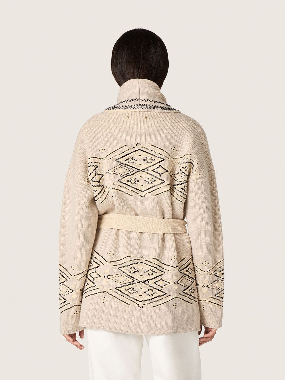 Women's belted cardigan in beige wool blend with contrast embroidery