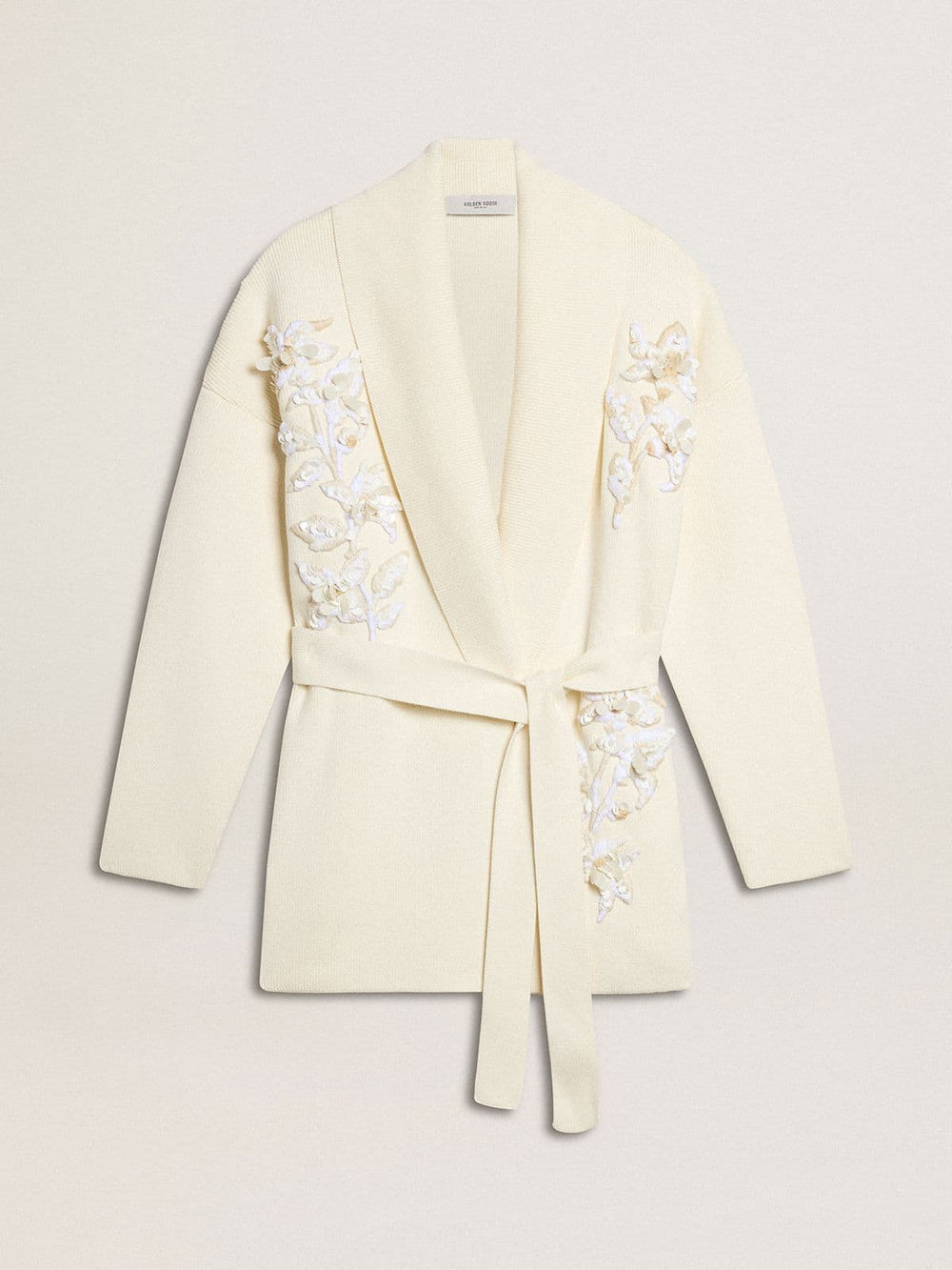 Women's cream-colored cotton cardigan with floral embroidery