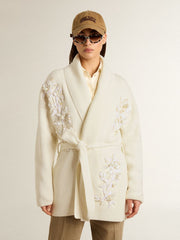 Women's cream-colored cotton cardigan with floral embroidery