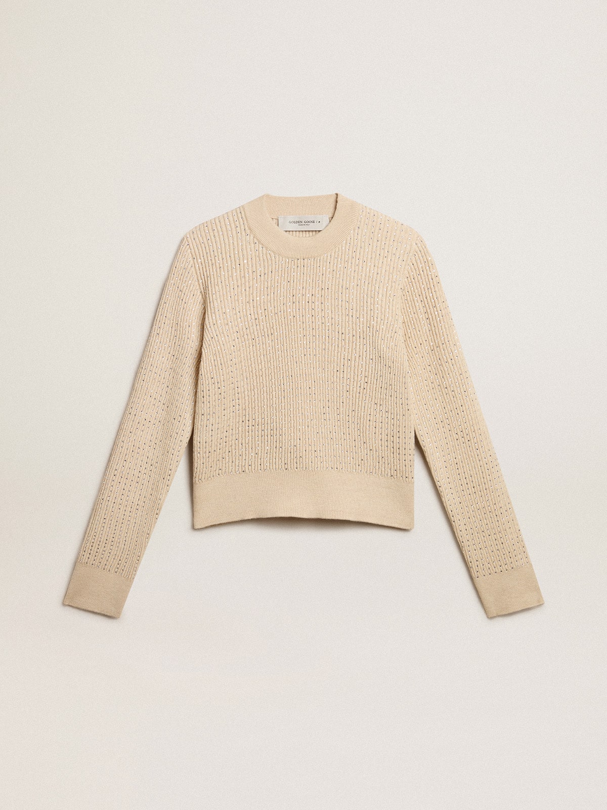 Cropped round-neck sweater in beige wool with all-over crystals