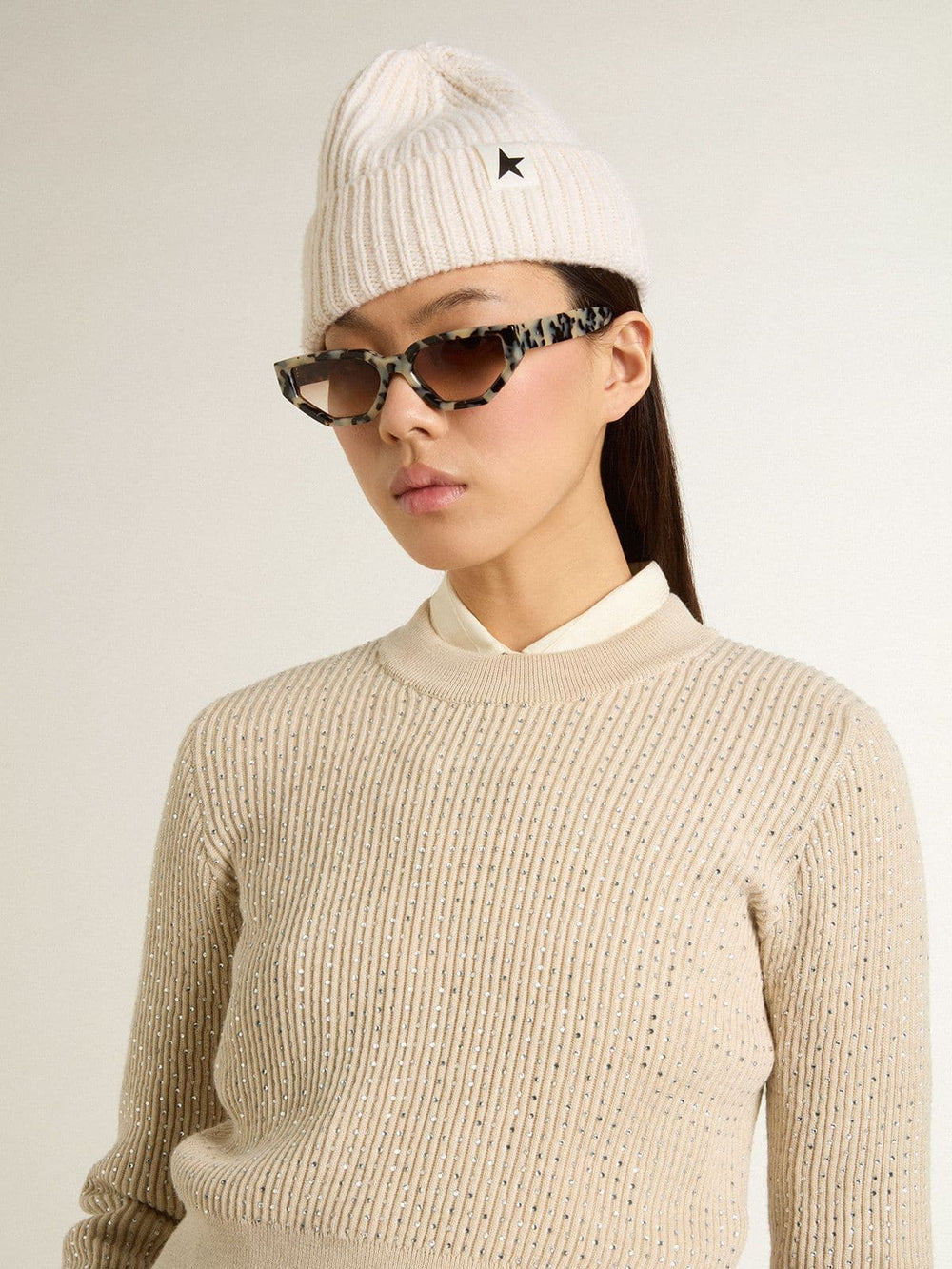 Cropped round-neck sweater in beige wool with all-over crystals