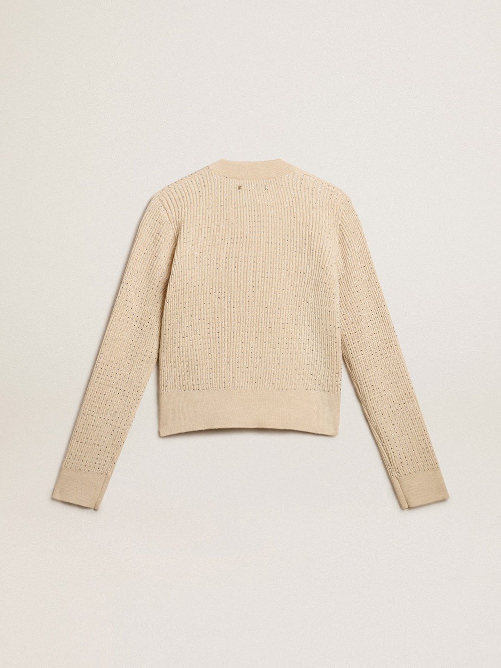 Cropped round-neck sweater in beige wool with all-over crystals