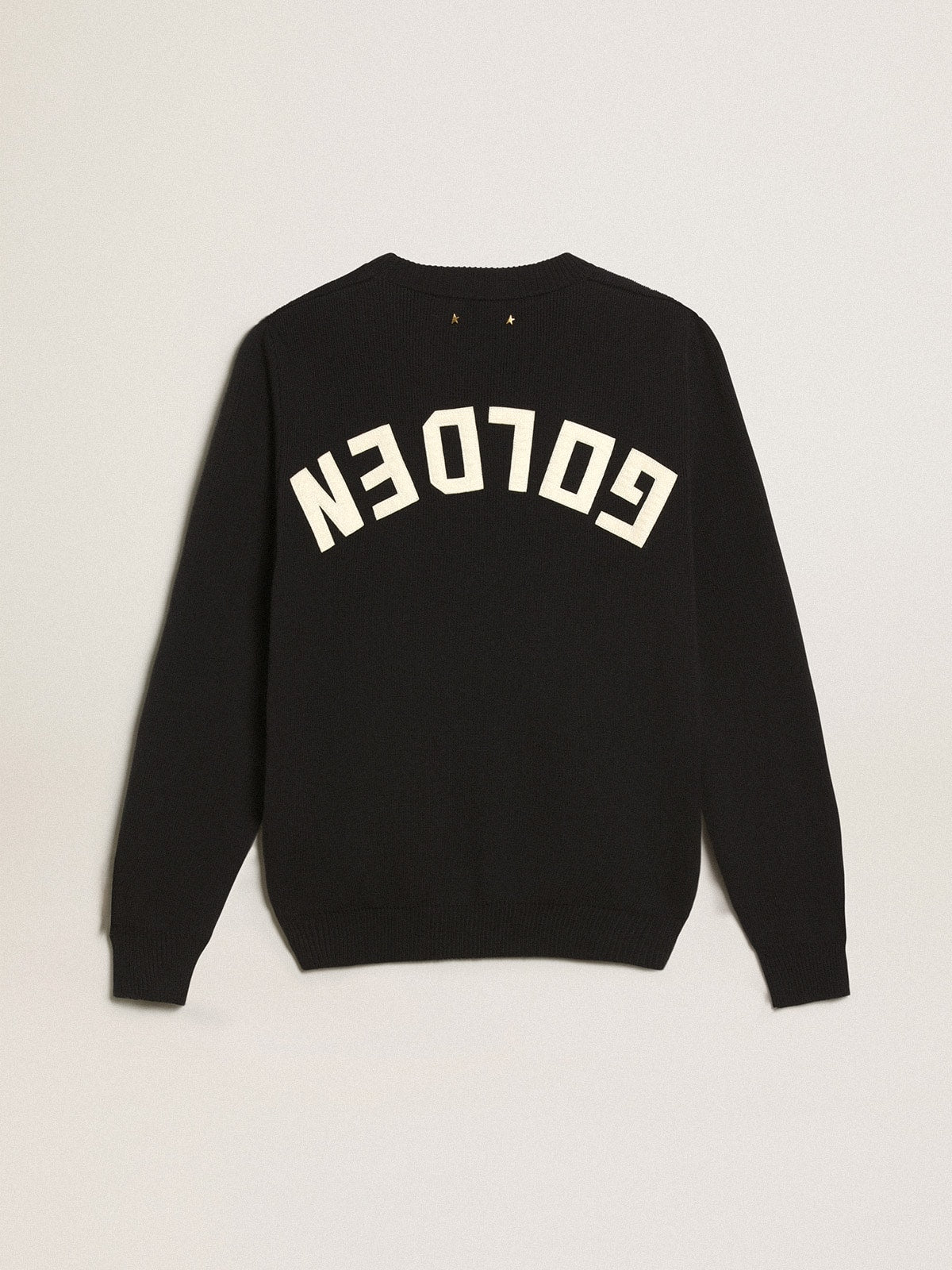 Women’s round-neck sweater in dark blue cotton with logo on the back