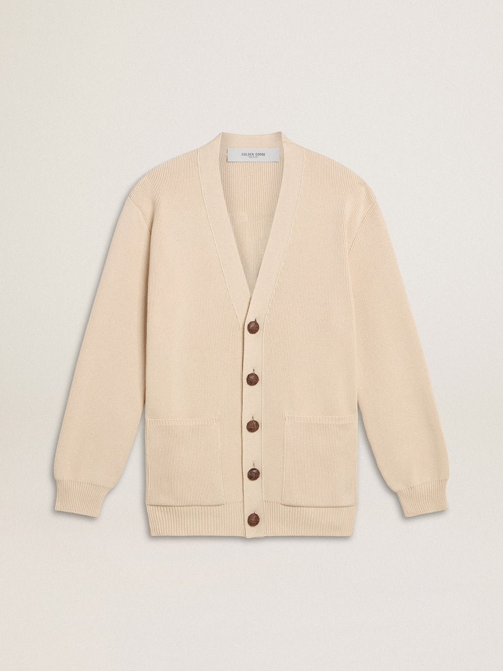 Women’s beige cardigan with 'Golden' lettering on the back