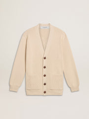 Women’s beige cardigan with 'Golden' lettering on the back
